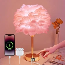 Smart Touch Control Bedside Table Feather Lamp Night Light with USB Charging ...