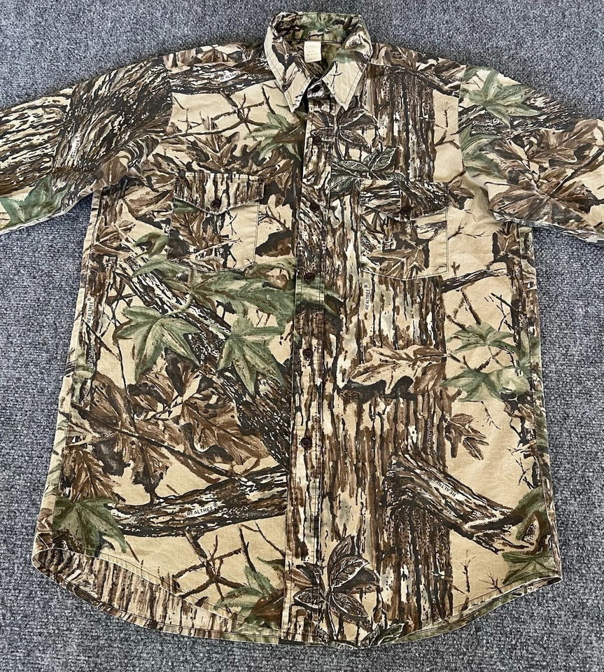 Camisa Realtree Para Hombres Verde Marrón Camuflaje Abotonada Camuflaje Caza Exterior Grande Foto 2 de 4