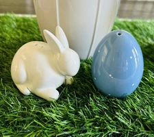 Ceramic Easter Bunny Rabbits with Blue Flowers Salt and Pepper Shakers, Gift for
