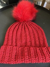 Crochet Handmade Pom Pom Beanie Hat Cap Red