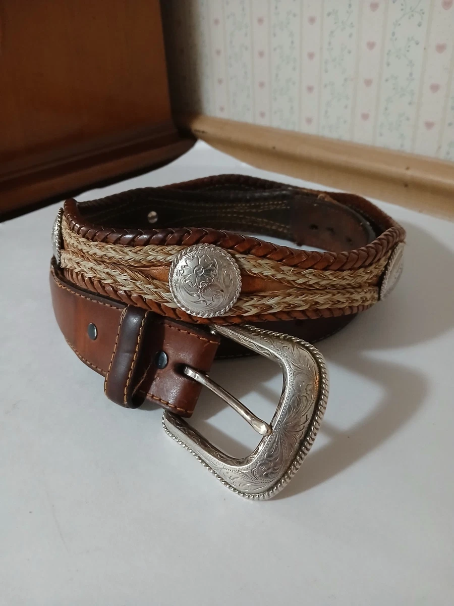 Vintage Handmade 70s Leather Belt Women L Brown Alpaca Mexico Buckle Southwest Vintage Alpaca Mexico Buckle and Braided Brown Leather Belt  main image 2