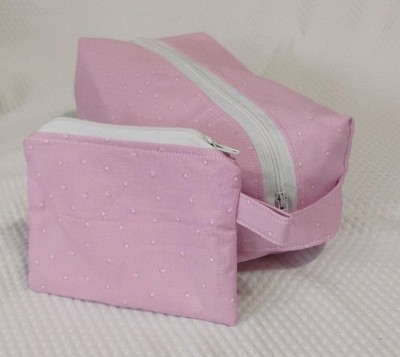 Handmade Pink Polka Dot Cosmetic Bag Set - 2pc Travel Pouch Pencil Case New