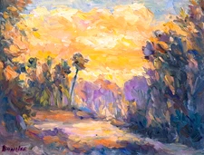 Oil Painting Landscape Tropics Old Florida Pond Palm Trees Sunset by Donalee