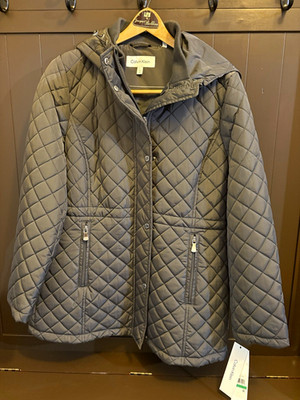Calvin Klein Women's Gray Hooded Quilted Mid-Length Jacket Zip/Snap Size L