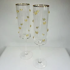 Christmas Champagne Flutes Glasses Gold Bow Rhinestone Set of 2 SHIPS PRIORITY