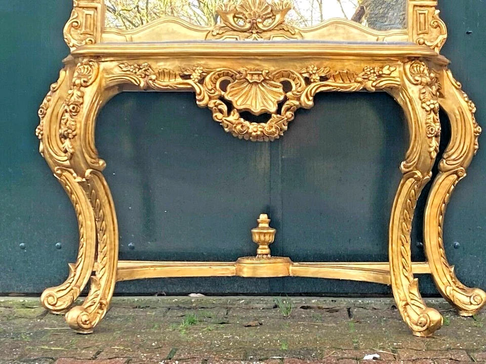 Consola con Espejo Francés Luis XVI Barroco Dorado Rococó Mármol Juego de Entrada Foto 2 de 4