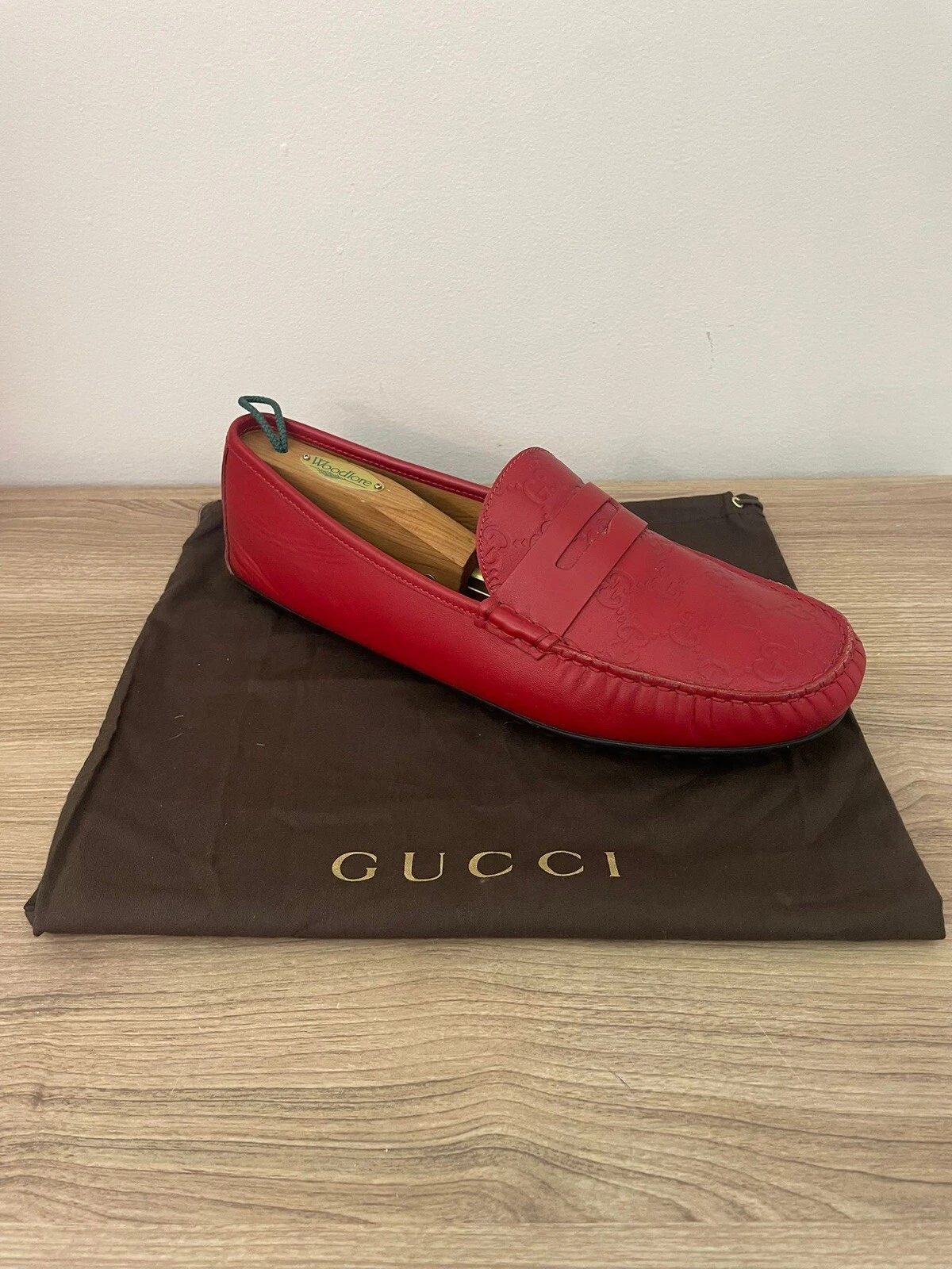 Mocassins mocassins en cuir rouge Gucci GG logo tampon penny pointure 9,5 G