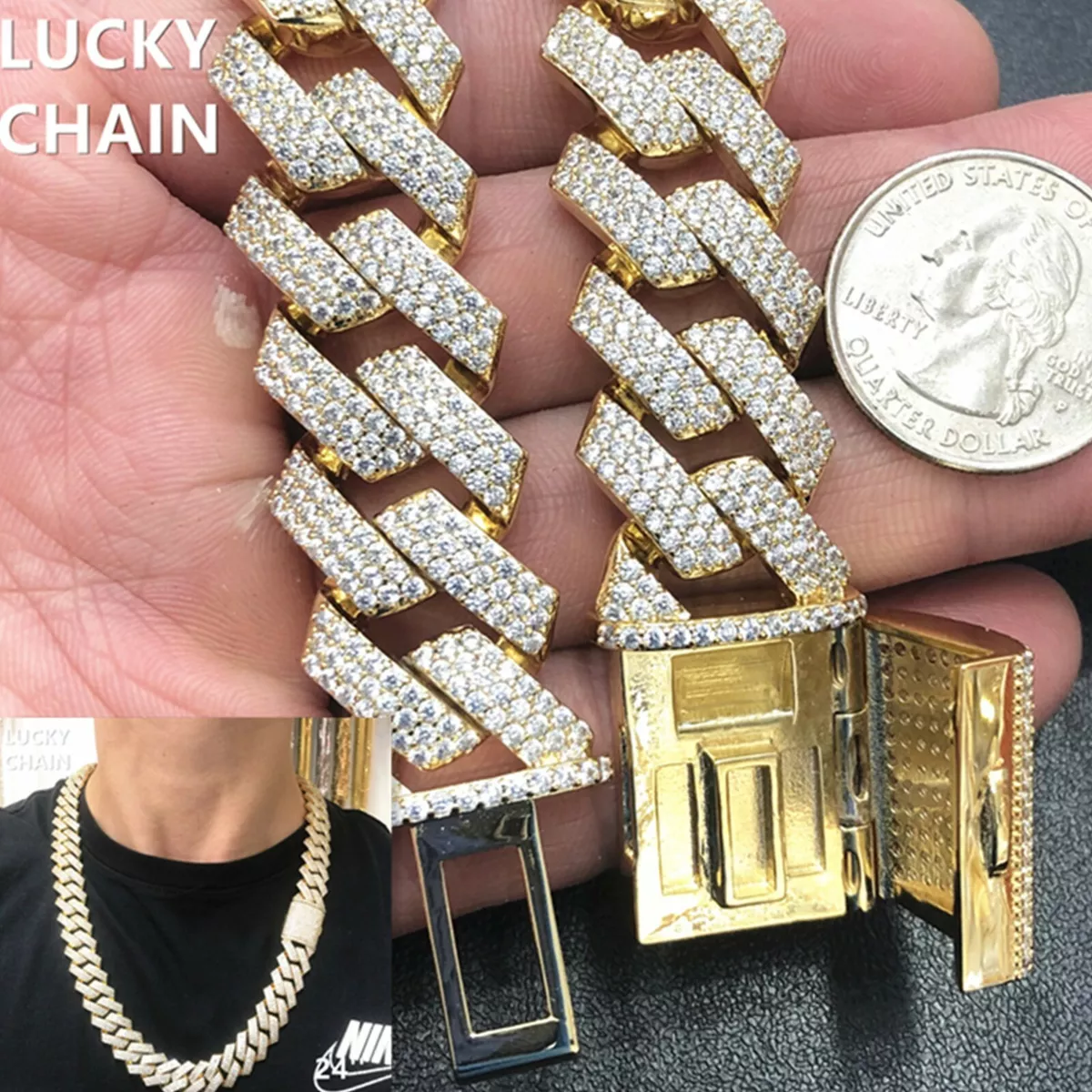 24 14K GOLD FINISH BLING OUT SQUARE HEAVY CUBAN LINK CHAIN NECKLACE 18mm 317g