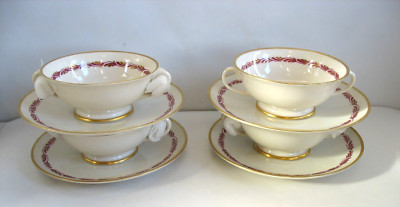 Set of 4 FRANCISCAN China ARCADIA MAROON Pattern Cream Soup & Saucer sets