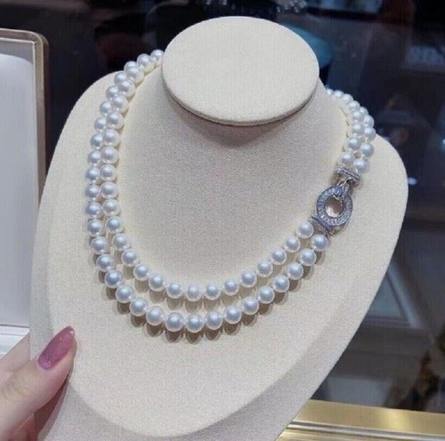 Double strands AAA+ 7-8mm natural Akoya white pearl necklace 18 Inch 925S - Picture 4 of 5