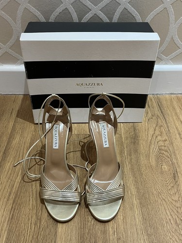 Aquazzura Ari 105 Metallic Leather Sandals Gold Net A Porter Revolve Heels 39.5 - Picture 5 of 12
