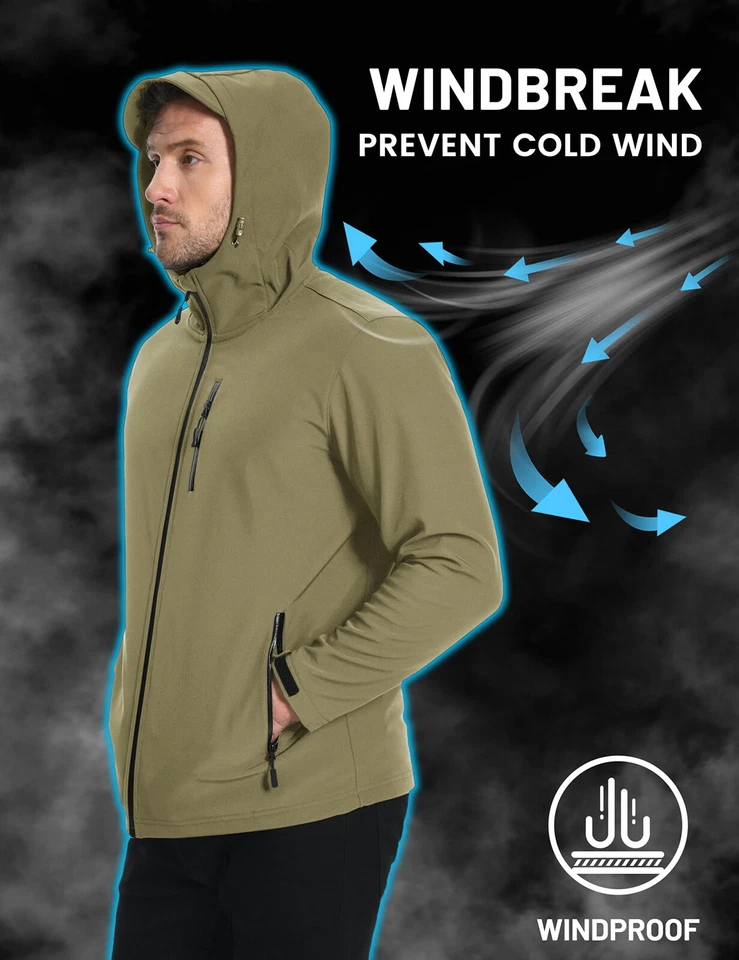 Mens Hooded Softshell Jacket Lightweight Waterproof Fall Work Fleece Windbreaker - Image 4 of 4