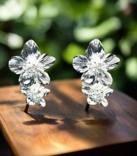 Pierced 2" silver double flower dangle earrings