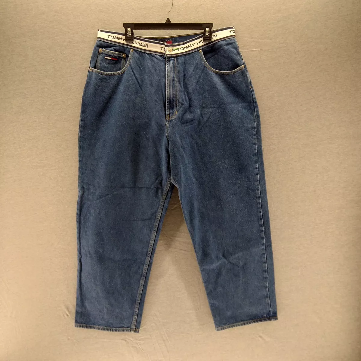 Vintage 90 s Tommy Hilfiger 38x30 Spell Out Waistband Blue Baggy Jeans Denim