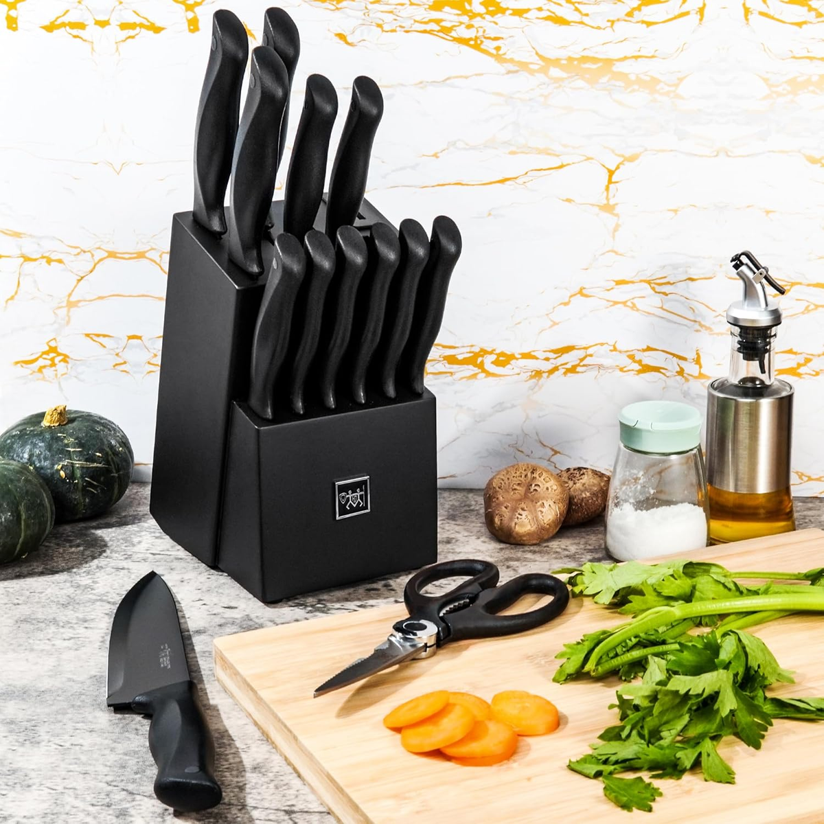 Knife Set, HUNTER.DUAL 15 Pcs Kitchen Knife Set with Block Self