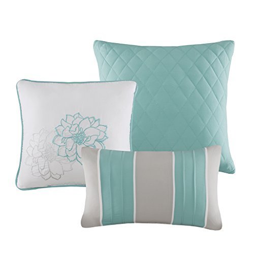 Queen Size Comforter Set 7-Piece Bedding Bed in A Bag Aqua Grey Floral Flowers - Picture 3 of 5