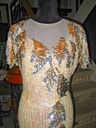 Vintage 1980 cream sequins/beads jagged sleeves/hem mesh neckline evening gown 4 - Picture 2 of 19