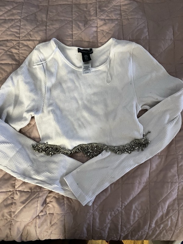 Long sleeve Whit Crop Top Rhinestones