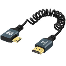 8K Left Angle Mini HDMI to HDMI Coiled Cable 3FT, 90 Degree HDMI to Mini HDMI Ma