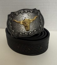 Men Black Western Belts Cowboy Country Belt Longhorn Bull Buckle 44in