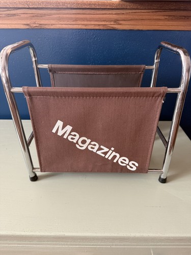Vintage Retro MCM Magazine Rack Brown Cloth Canvas 1970s Mid Century Modern