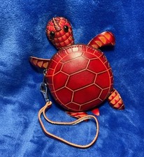 Leather Turtle Handmade Crafted Animal Coin Purse Wristlet Wallet Red