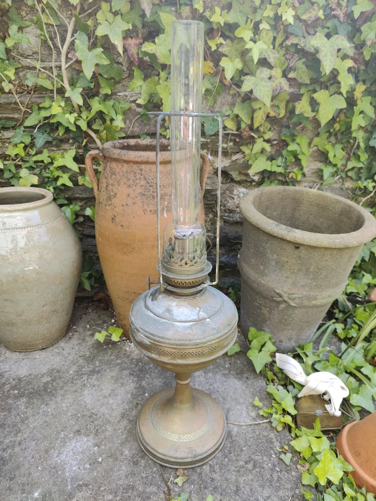 Antique French Brass Oil Lamp With Chimney