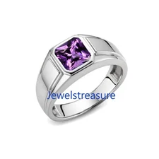 Natural Amethyst Gemstone with 925 Sterling Silver Ring for Men's #7090