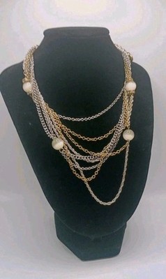 LOFT Gold Silver-Tone Layered Chain Necklace White Round Beads Lobster Closure