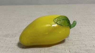 Vintage Murano style Glass yellow lemon Fruit Figurine with Green leaf