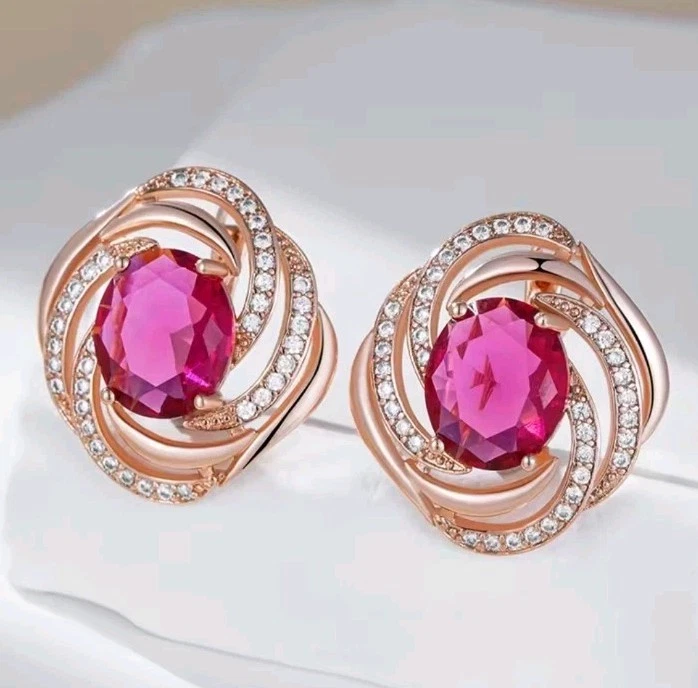 Luxus Ohrringe Huggie 585er Rolled Roségold Walzgold Elegant Himbeerrot Zirkon - Bild 4 von 4