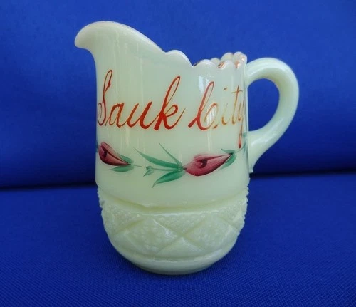 UG Uranium HEISEY Custard Glass Souvenir Creamer - SAUK CITY Wisconsin Wis WI