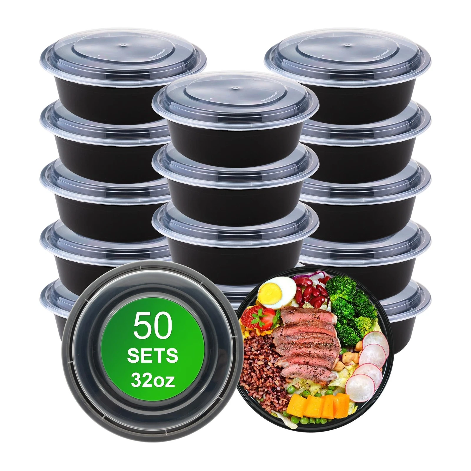 Round Meal Prep Containers with Lids, 50 Pack 32oz (100-Piece) Disposable Lea...