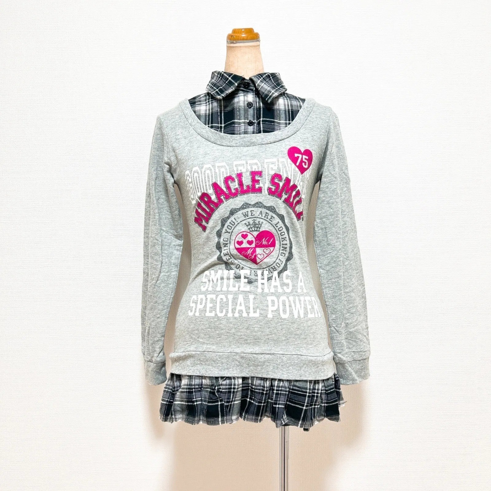 00s Y2K Glitter Layered Top Gray Check Size XXS/XS GYARU Grunge Tommy February6