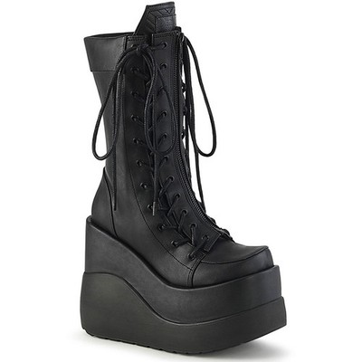 Pleaser Demonia 5 Inch Wedge Tiered Platform Lace-Up Mid-Calf Boots Void 118