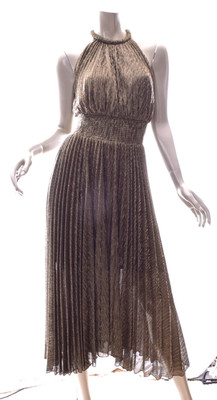 A.L.C. Renzo Pleated  Metallic Halter Midi Dress Antique Gold Sz 2 Mint Cond