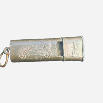 Vintage Small Metal Whistle w/ Ring Attachment, Engraved Car Design
