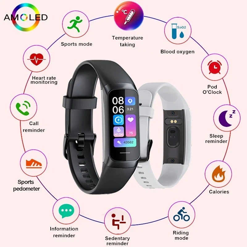 Slim Smart Watch Men Women Waterproof Fitness Health Tracker AMLOED Display C60