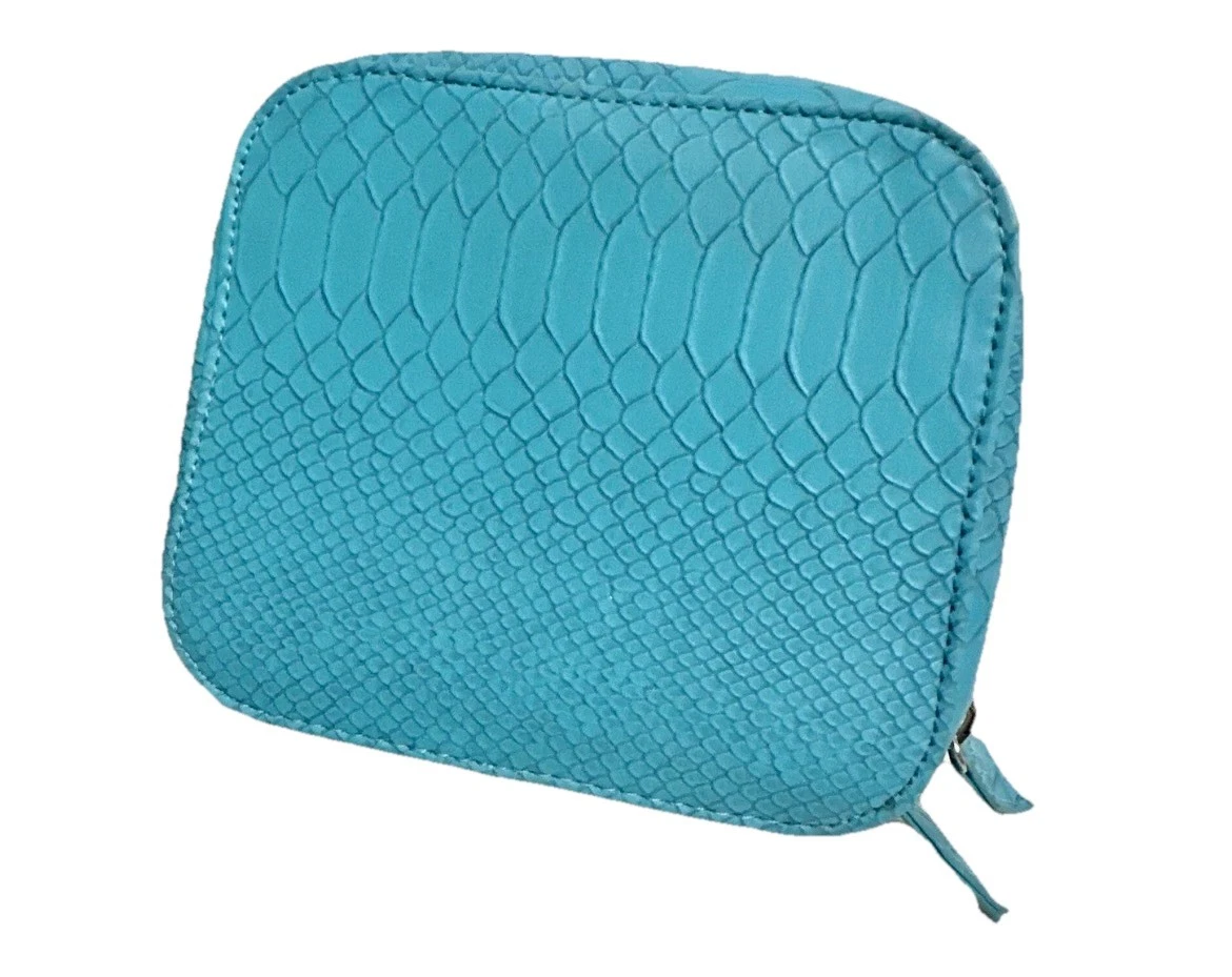 Trish McEvoy Vegan Snakeskin Animal Print Makeup Planner Zip Turquoise Blue