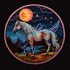 Horse Patch Iron-on Applique Farm Animal Badge, Moonlight Mare Pony Mustang