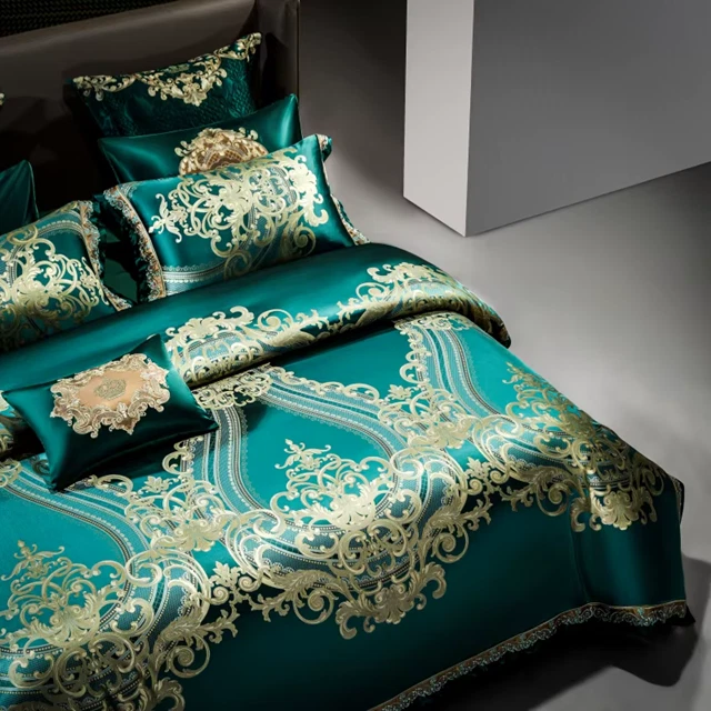 Royal Palace Emerald Green Egyptian Cotton Silk Bedding Duvet Cover Set - Image 3 of 4