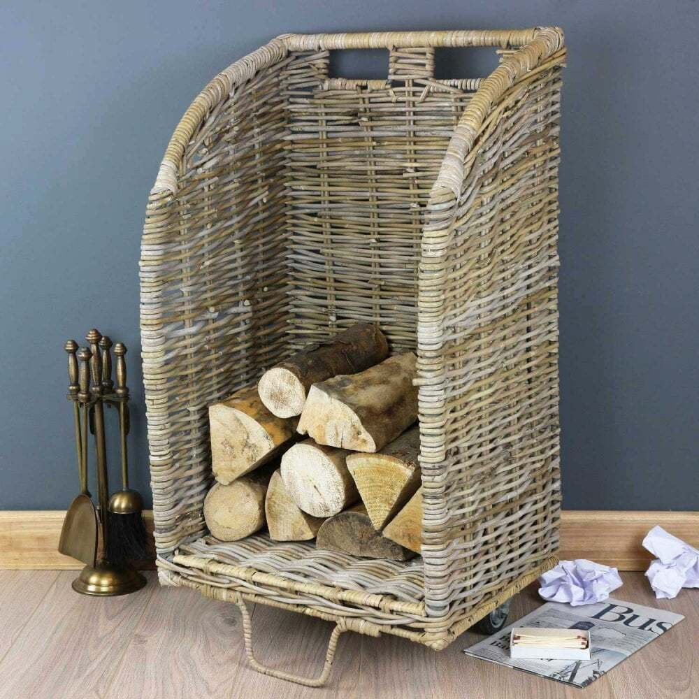 Grey & Buff Rattan Wicker Log Basket Trolley Wheels Woven Willow Wood