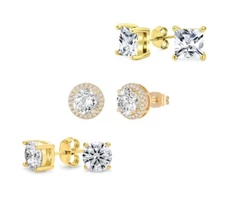 3pc Gold Plated Over Sterling Silver Round Halo Cut Cubic Zirconia Studs Set USA
