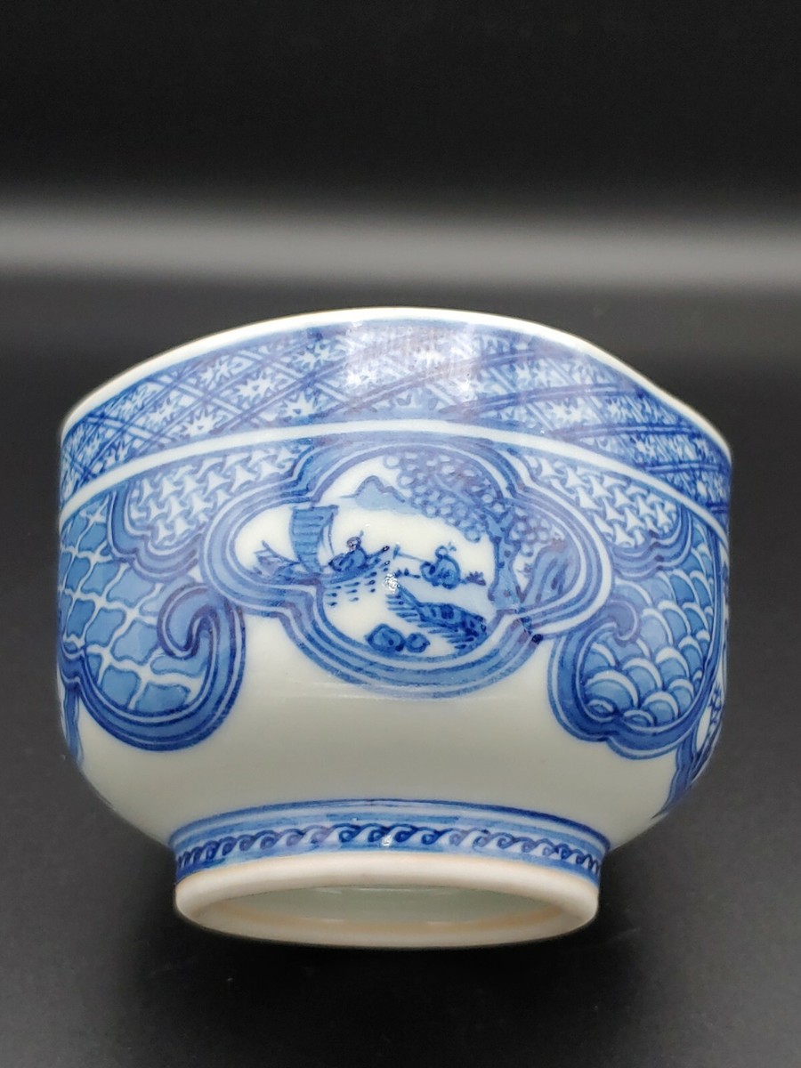 二代真清水藏六青花瓷山水纹花口茶碗Antique Japanese Blue And White