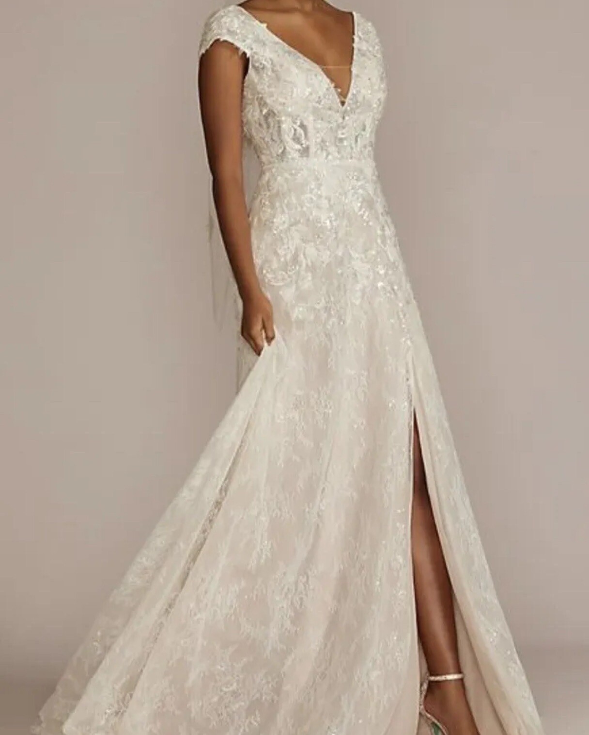 Melissa Sweet - Cap Sleeve Aline Beaded Lace Wedding Dress With Slit ~ Size 16W