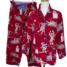 Nicki Nora Womens Flannel Pajama Set M Red Sock Monkey Skiing Winter Sledding