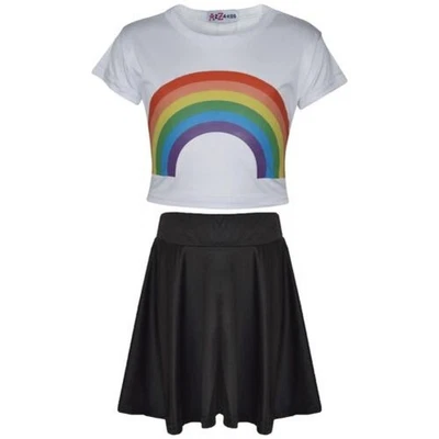 Ensemble De T-Shirt Et Jupe Pour Filles Avec Imprimé Arc-En-Ciel Blanc - Photo 1/2