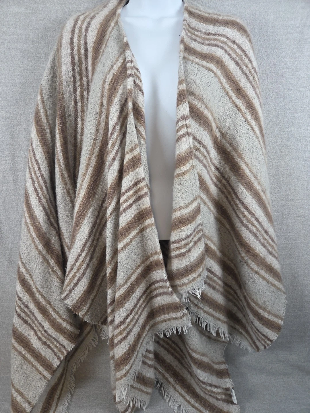 American Eagle Oversized Stripe Poncho Cape Fringe One Size Beige Brown Boho NEW