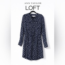LOFT Blue White Dot Shirt Dress Small Lined Pockets Drawstring Waist