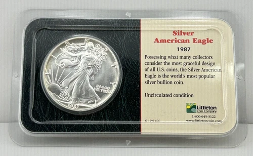 1987 $1 American Silver Eagle 1 oz Fine .999 Silver Coin in Littleton Holder